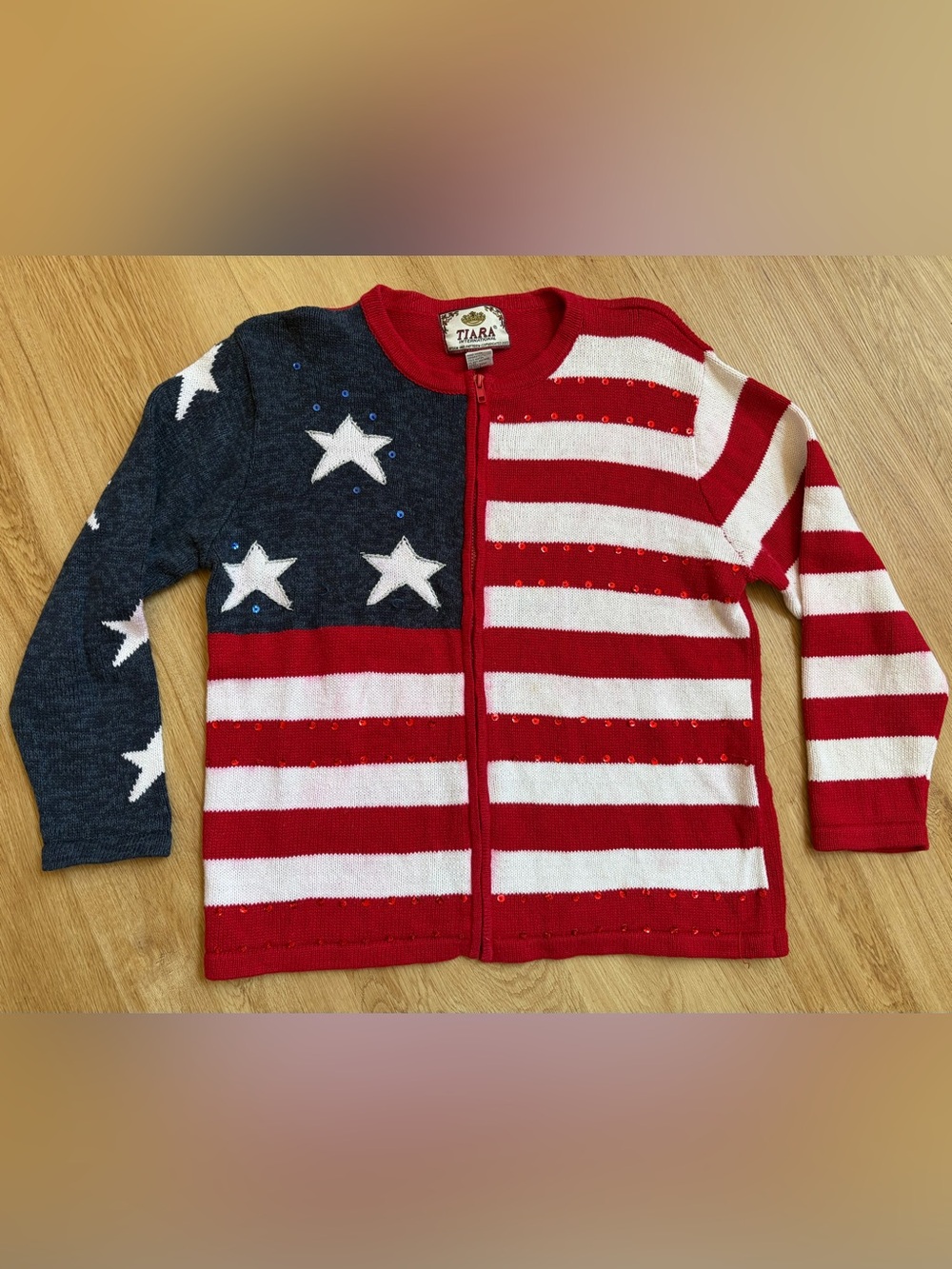 Rare Tiara Red White Blue Star Stripe Zip-Front Cardigan Patriotic USA